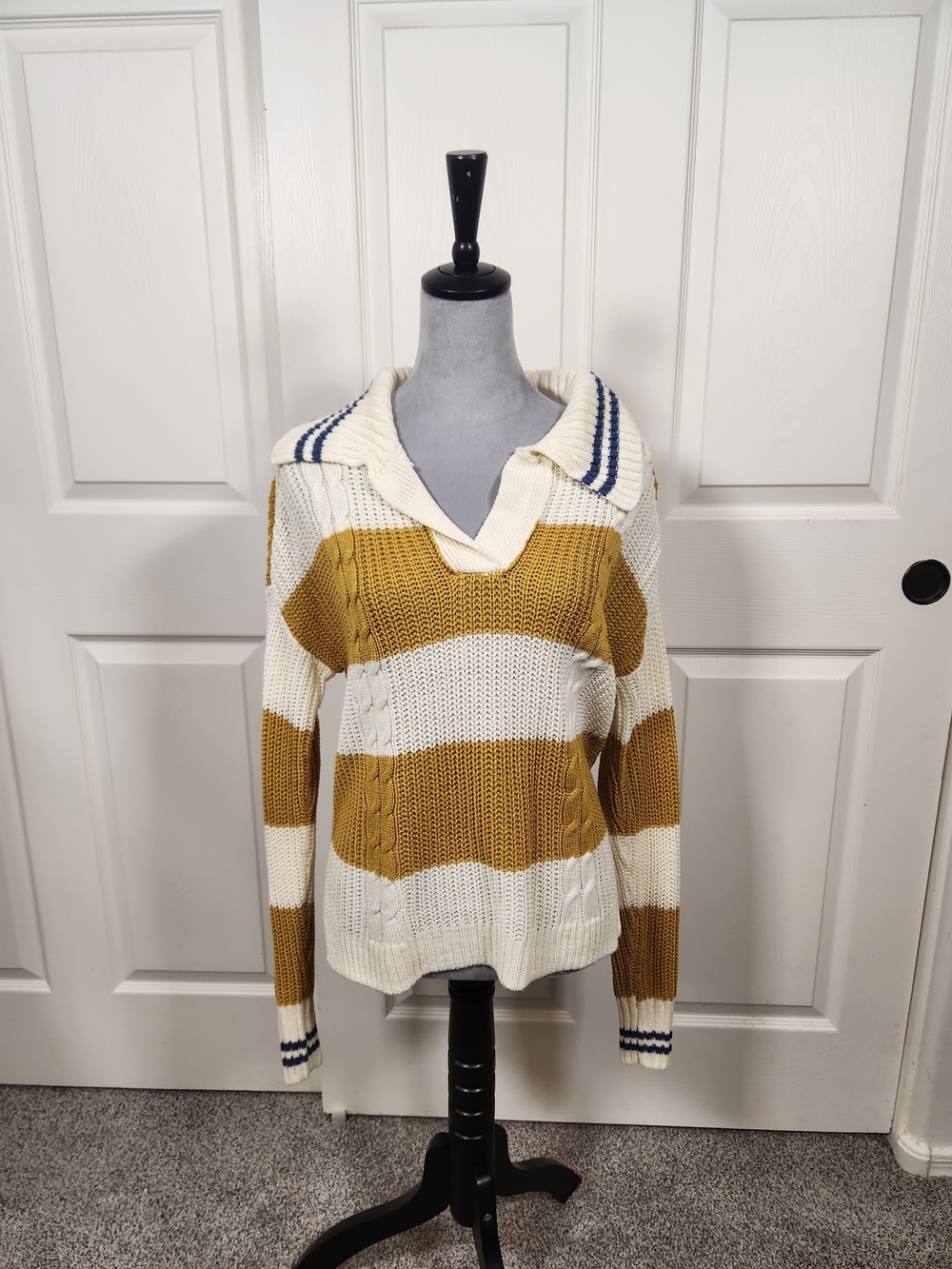 Buckle Striped V-Neck Sweater in Mustard and Cream with Navy Trim